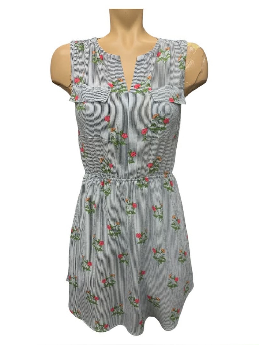 Monteau Blue and Pink Striped Floral Mini Dress Size S